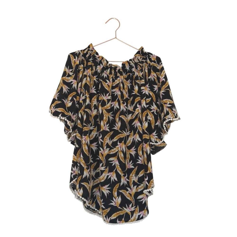 Umgee Black Tunic blouse with Mustard and Pink Leaf Motif